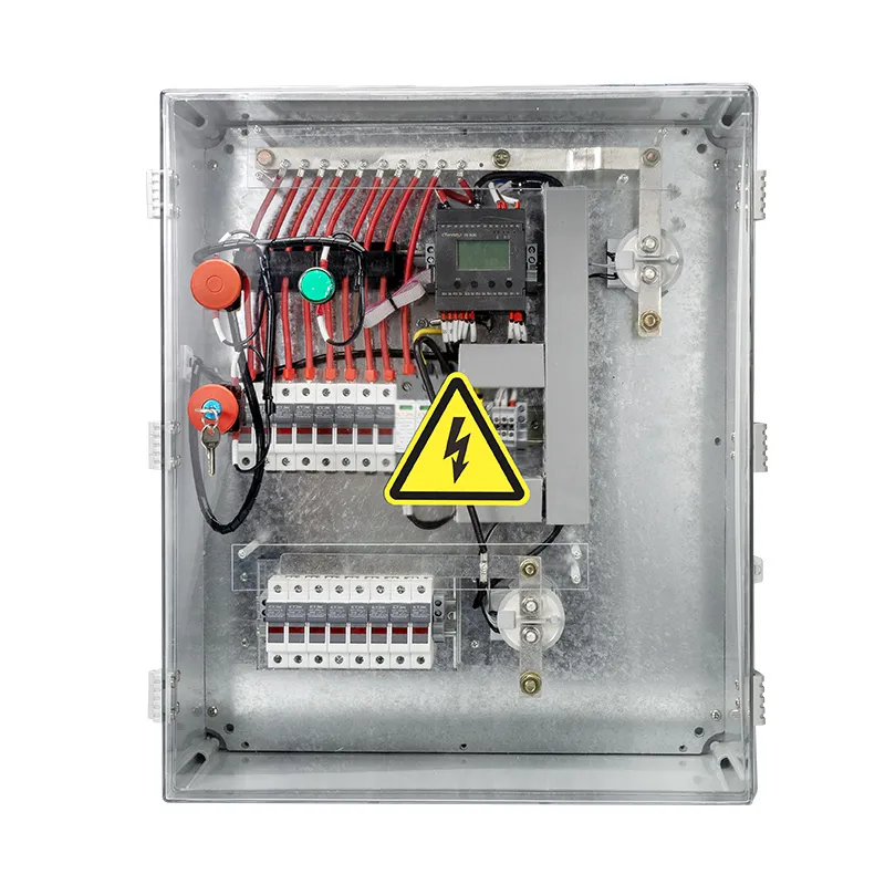 Clean DC combiner box installation with properly labeled protection devices and clear polarity markings