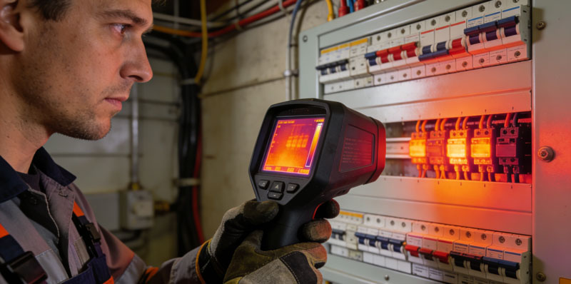 An installer using a thermal camera to inspect a breaker panel for hot connections