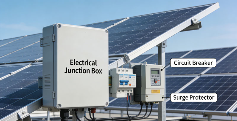 A rooftop solar array with a clearly labeled electrical junction box and protection devices