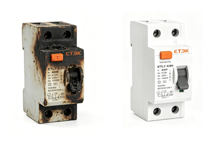 Burnt DC protection device next to a new one – showing melted internal contacts and carbon tracking
