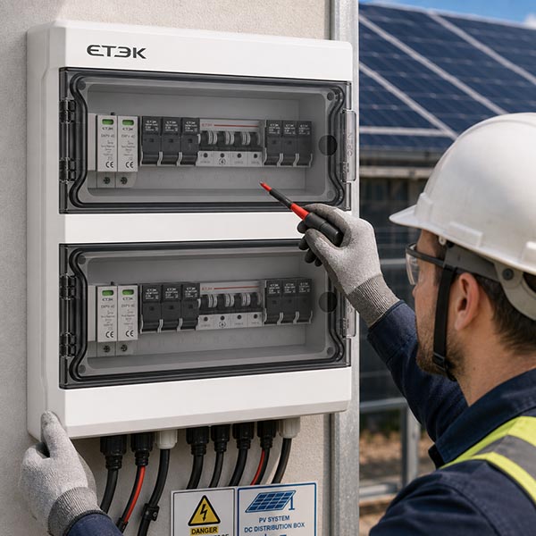 A solar technician inspecting a distribution box with multiple DC circuit breakers