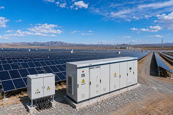 Wide shot of a large‑scale solar farm with combiner boxes and electrical enclosures in the foreground, illustrating modern PV infrastructure