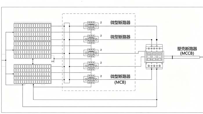 Single-line diagram showing a typical PV system with MCBs on individual string circuits and MCCBs on the main DC bus