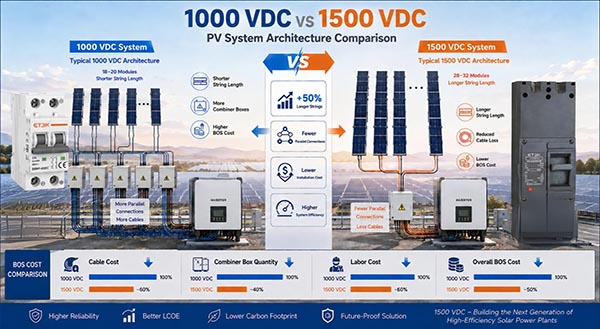 Infographic comparing 1000V DC vs 1500V DC system architecture, highlighting string length differences and component savings